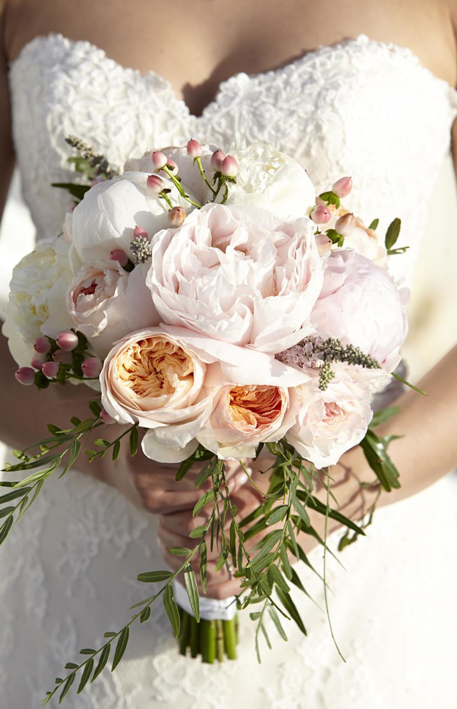 Pastel bouquet with peonies and garden roses- Tie the Knot in Santorini