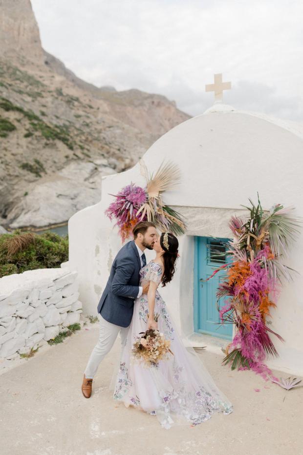 Dried flowers colourful chapel wedding in Greece