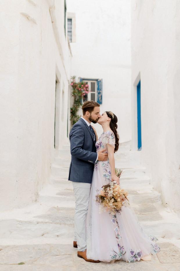 Wedding in the Greek islands and a bride with a floral sequin dress