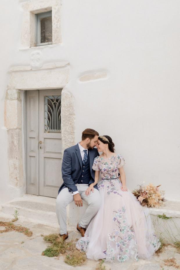 Wedding in the Greek islands and a bride with a floral sequin dress