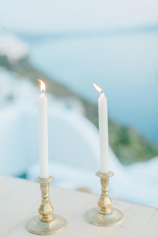 Santorini wedding- gold candle sticks 