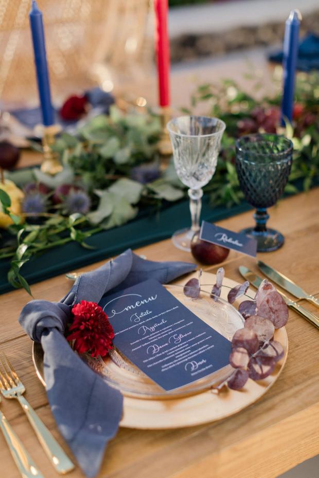 Blue and burgundy autumn wedding table 
