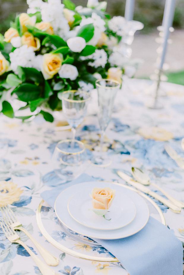 Wedding tablescape- flower tablecloth 