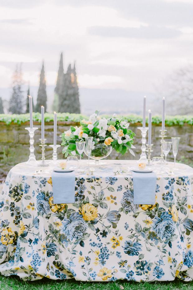 Wedding tablescape- flower tablecloth