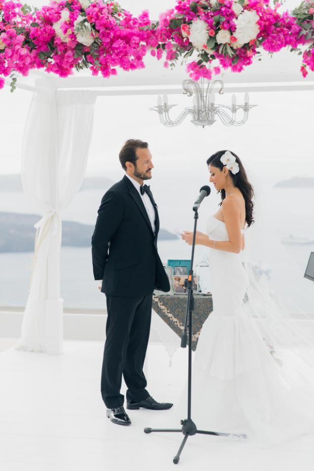 Elegant bougainvillea wedding in Santorini