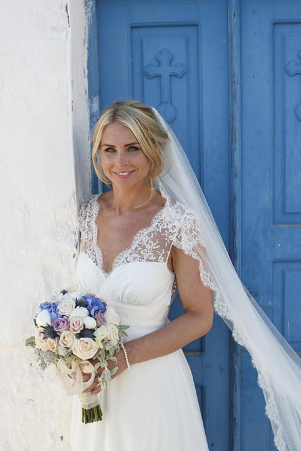 Blue and pink Santorini wedding