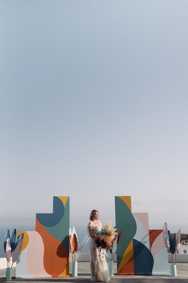Abstract art wedding ceremony with painted flowers