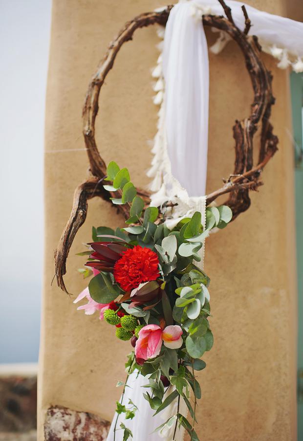 Boho wedding in Santorini-wedding altar details-marsala 