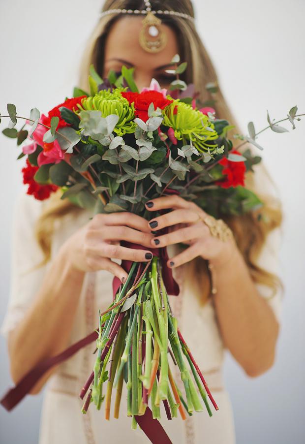 Boho wedding in Santorini- pretty bouquet and headpiece
