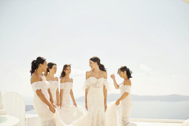 Bride in Berta Gown and all white bridesmaids