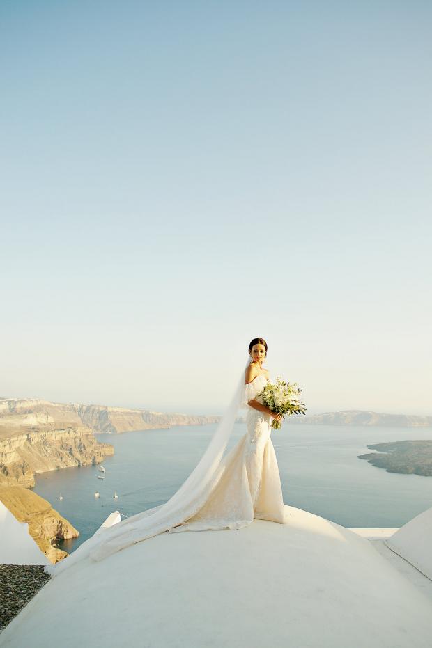 Bride in Berta Gown- Santorini
