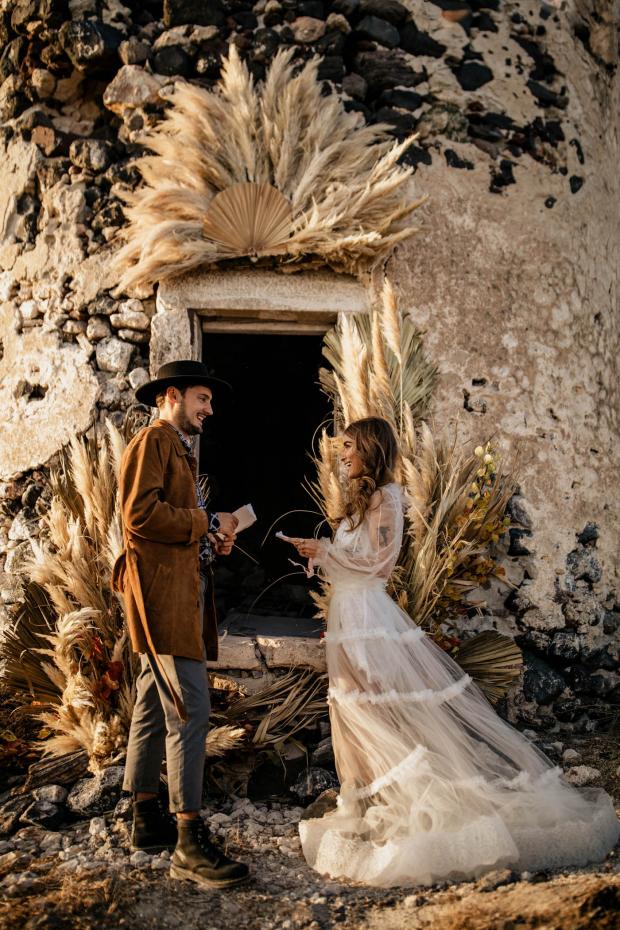 Elopement at an old windmill in Greece- pampas ceremony