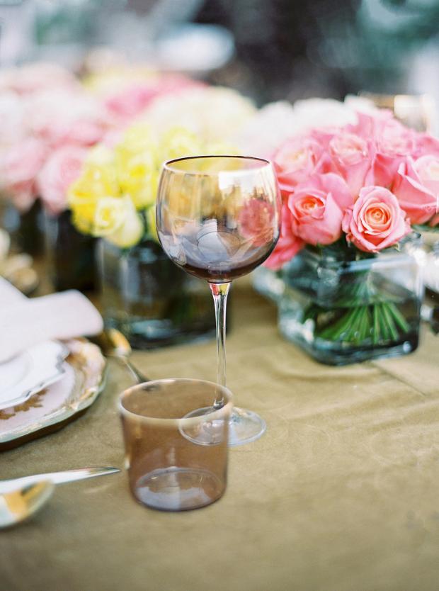 Pink & yellow wedding tablescape with roses 