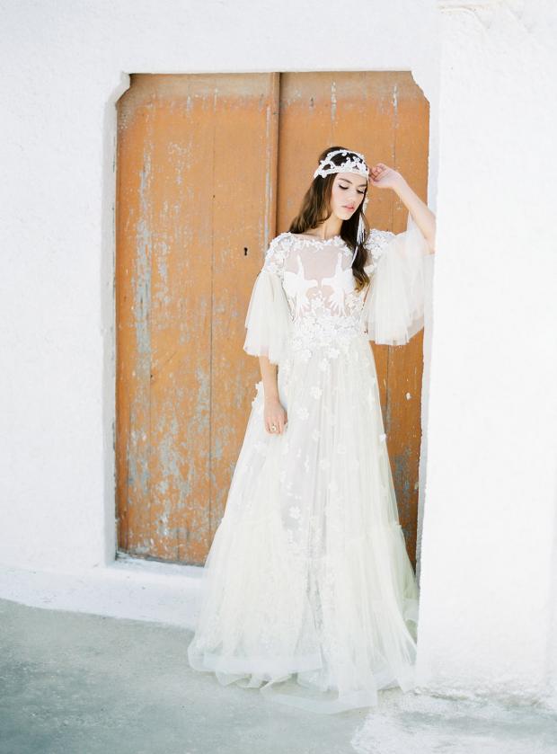 Bohemian wedding dress and headpiece 