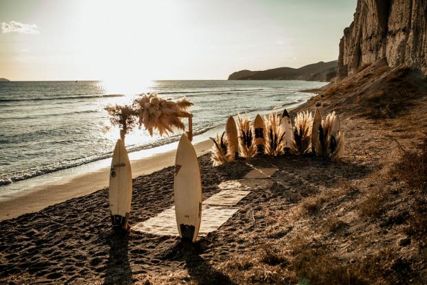 Surf destination elopement with pampas grass 