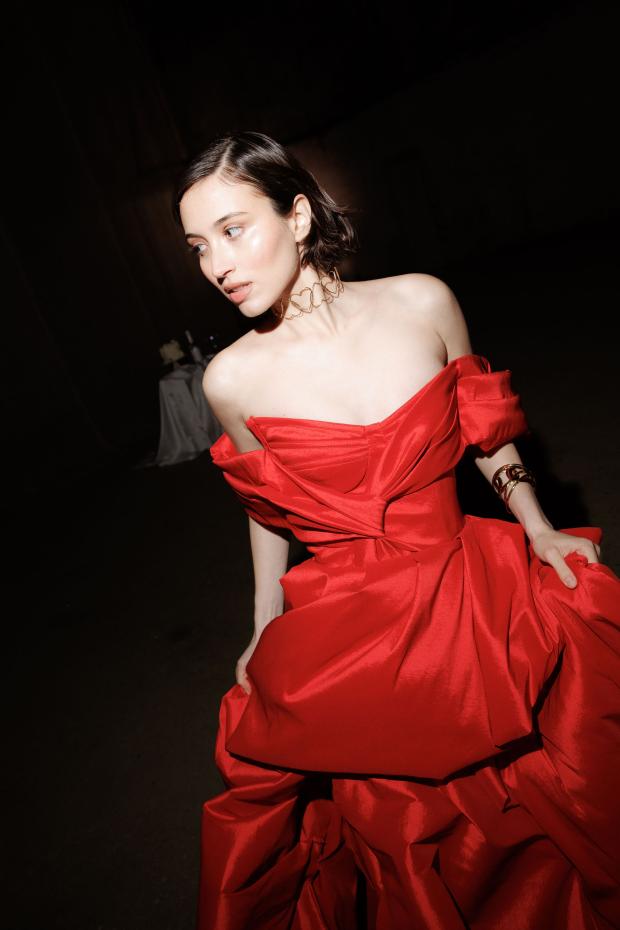 Giant flower wedding in Greece - Red Dress