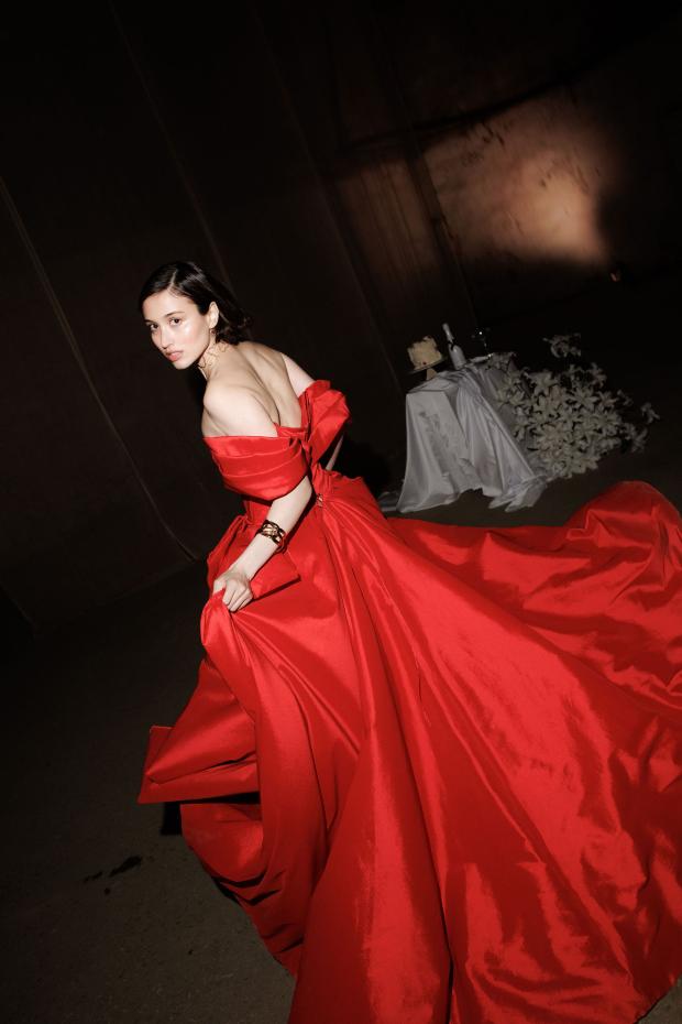 Giant flower wedding in Greece - Red Dress