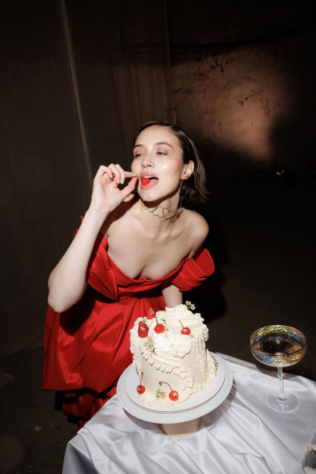 Giant flower wedding in Greece - Red Dress