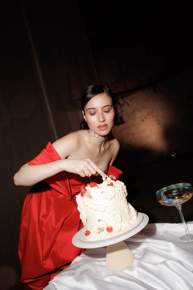 Giant flower wedding in Greece - Red Dress