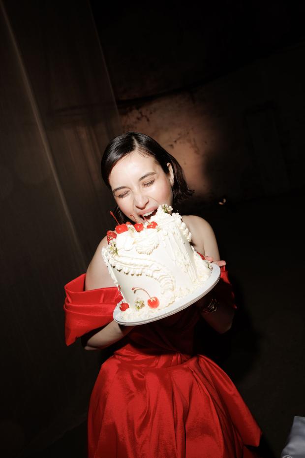 Giant flower wedding in Greece - Red Dress