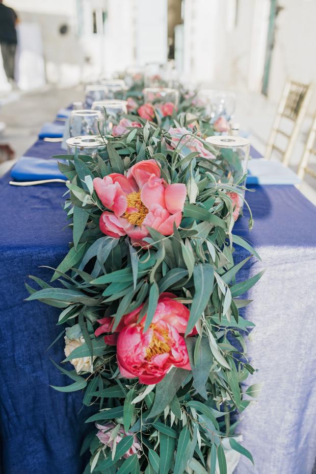 Pink and blue wedding - garland with peonies and  eucalyptus 