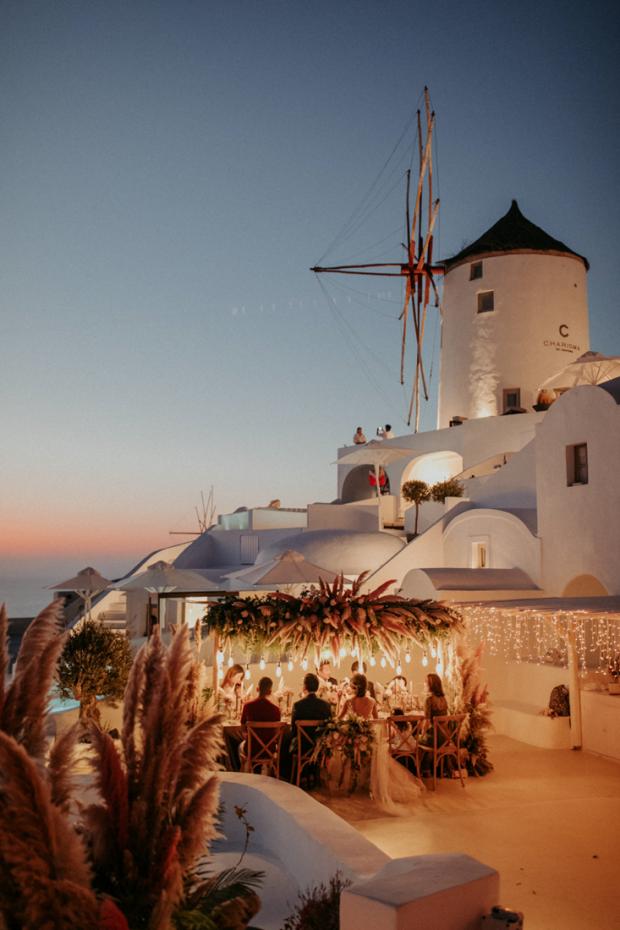 Intimate destination wedding in Greece-dinner lights 